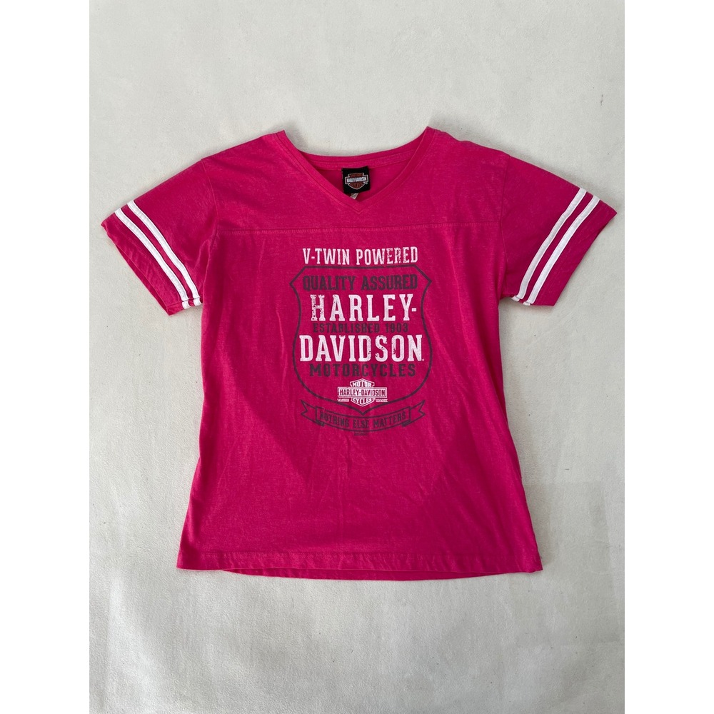 Harley-Davidson Women Pink V-Neck Graphic T-Shirt Wisconsin Biker Jersey XL